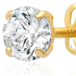 14k Gold Solitaire Round Cubic Zirconia Earrings Studs for Women & Men | Anti Ta